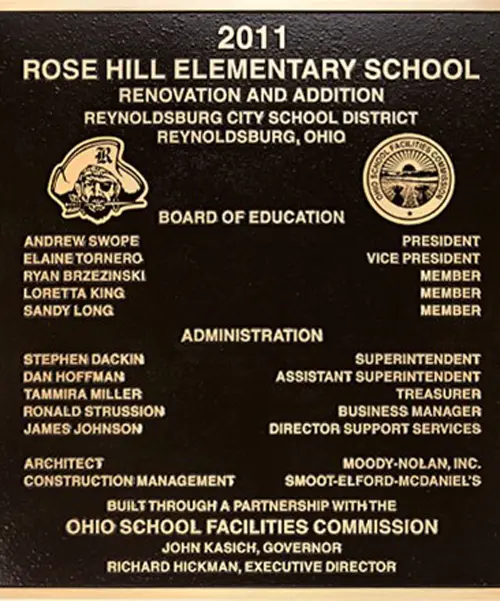 bronze memorial plaque for rose hill school