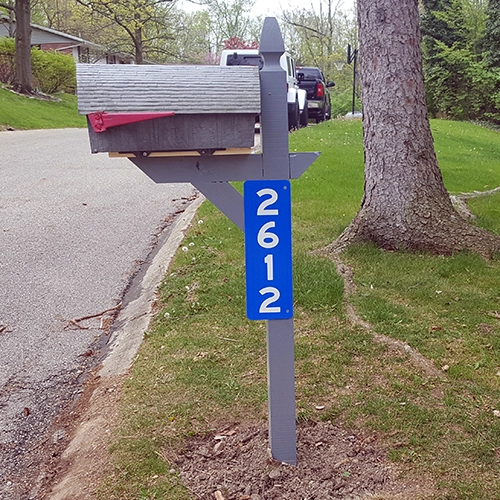 relfective house address numbers on mailbox blue panel