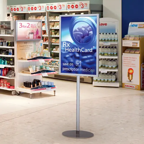 sign frame stand promoting in front of drug store