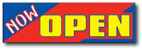 Now Open Banner, 3 ft x 10 ft Outdoor Vinyl, Hemmed & Ropes