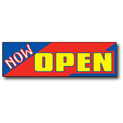 Now Open Banner, 3 ft x 10 ft Outdoor Vinyl, Hemmed & Ropes