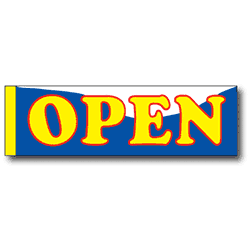 Open Sign Banner, 3 ft x 10 ftOutdoor Vinyl, Hemmed & Ropes