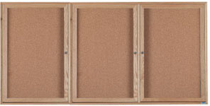 Wood Frame Enclosed Bulletin Board, 72W x 48H, Three Door Lockable, Self-Sealing Natural Cork