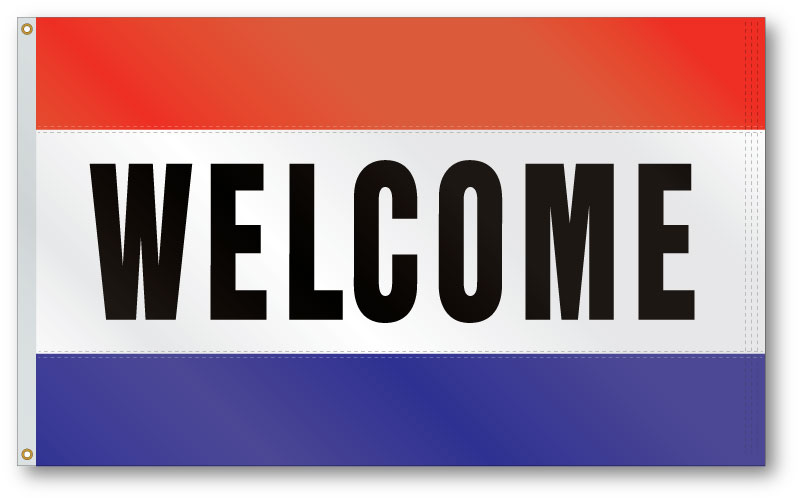 Welcome Message Flag, 36 x 60, Three Panels, Red White and Blue, 200 Denier Nylon, Lock Stitch