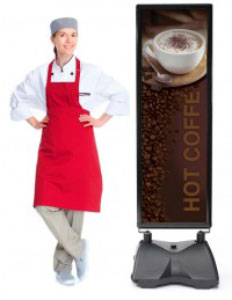 A narrow sidewalk signs that stands above the rest