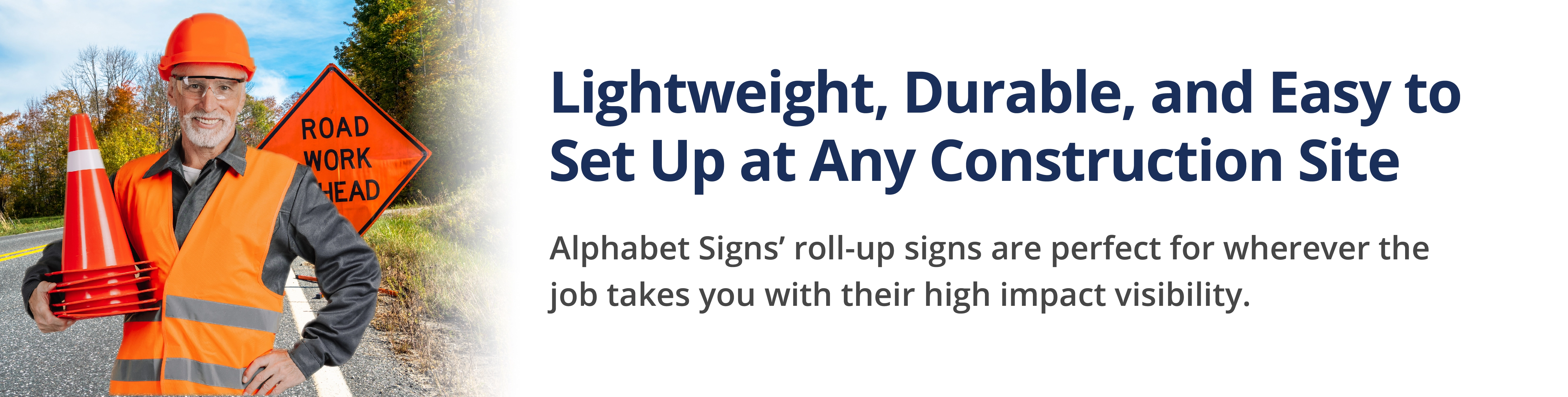 a roll up traffic sign at a construction site by the highway for safety